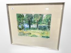 Danish school : Trees by a river, watercolour, 48cm x 34cm.