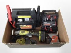 A box of Clarke jump starter, Ryobi angle grinder,