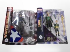 Two Diamond Select Toys Marvel figures, Loki and The Winter Soldier, boxed.