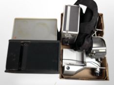 Two vintage speakers and a further box of commercial slicer,