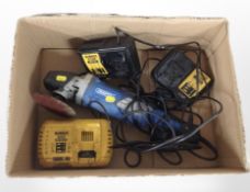 A box of Draper angle grinder and three Dewalt charging units