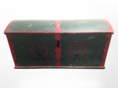 A 19th century Scandinavian painted pine domed topped blanket chest, initialled K.J.D.