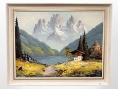 Continental school : Tree-lined fjord with mountains beyond, oil on canvas, 79cm x 59cm.