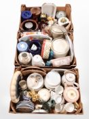 Three boxes of continental dinner wares, porcelain teapots, figurines, vases, etc.