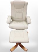 A contemporary cream leather armchair and matching footstool