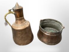 A large 19th-century copper and brass lidded jug, height 43cm,