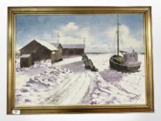 Rogett : A boat in a harbour, oil on canvas, 66cm x 46cm.