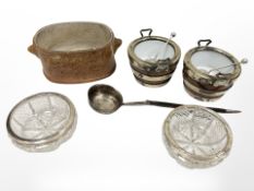 A pair of crystal salts with silver rims, further pair of salts with spoons,