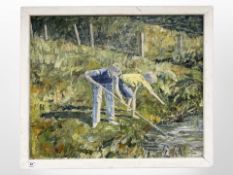 Danish school : Study of figures by a lake, oil on canvas, 62cm x 51cm.