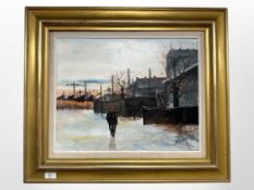 Danish school : Figure standing in snow, oil on canvas, 49cm x 39cm.