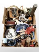 Two boxes containing continental ceramics, kitchenalia, ornaments, metal wares, etc.