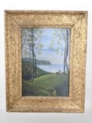 A naive early 20th-century painting of a deer amongst trees, oil on board, 22cm x 15cm.