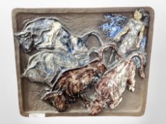 A 20th-century Scandinavian pottery wall plaque depicting a lady and cattle, 35cm x 29cm.