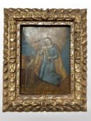 A 19th-century continental oil on tin depicting a figure holding a crucifix, 19cm x 26.