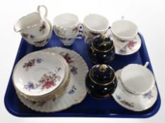 A pair of Carlton Ware chinoiserie lidded vases on cobalt blue ground, height 14cm,