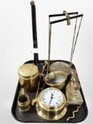A Viking brass-cased ship's timepiece, together with a set of scales, brass iron, jars, etc.