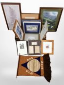 A box of assorted pictures and prints, fabric wall hanging, etc.