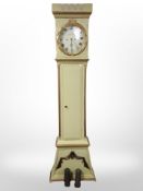 A 19th century Scandinavian painted and gilt longcase clock with pendulum and weights,