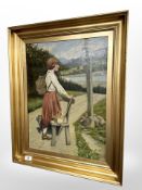 Danish school : Portrait of a lady kneeling on a bench, oil on canvas, 37cm x 49cm.