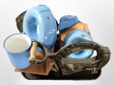 A group of Danish kitchenalia including two bread slicers and a group of enameled wares.