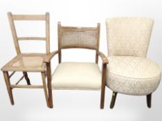 A salon chair in gold classical fabric and two bergere chairs