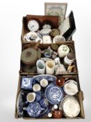 Three boxes containing assorted ceramics, Ringtons Chintz items, three graduated kitchen sauce pans,