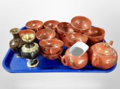 Two 20th-century Japanese cloisonné vases and a group of red and gilt-glazed tea wares.