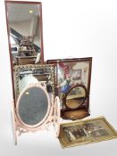 A group of reproduction mahogany and gilt mirrors, a tapestry fire screen,