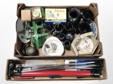 A box containing cast-iron scales, Prinknash pottery jugs, Royal Doulton Bunnykins twin-handled mug,