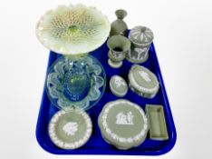 A group of Wedgwood green and white Jasperware, a Vaseline glass tazza,