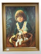 F Hoffman : Portrait of a girl with a puppy, oil on canvas, 50cm x 70cm.