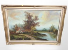 Twentieth Century School : A cottage by a stream, oil on canvas, 60 cm x 90 cm,