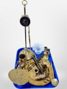 A early 20th-century brass rise and fall table lamp with opalescent glass shade,