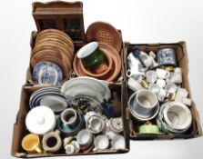 Three boxes containing continental ceramics, turned wooden placemats,