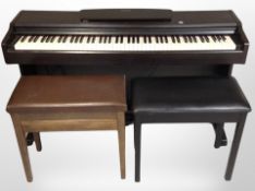 A Yamaha YDP-131 digital piano and two piano stools, piano 135cm wide x 41cm deep x 82cm high.