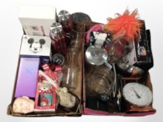 Two boxes containing home wares, digital photo frame and scales, thermos flasks, figures, etc.