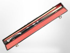 A Riley Ronnie O'Sullivan two-piece snooker cue in case with chalk.