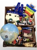 Two boxes containing children's toys, globe, etc.