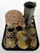 Antique metal wares including a copper chesnut roasting pan, large 19th-century pewter tankard,