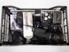 A pair of Pathescope 10x50 binoculars, digital cameras including Pentax,