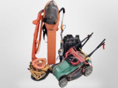 A Qualcast electric lawn mower, together with a Flymo garden vacuum, a strimmer,