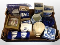 A box of mainly Ringtons ceramics, chintz mugs, Maling rose bowl, 19th-century hot water bottle.