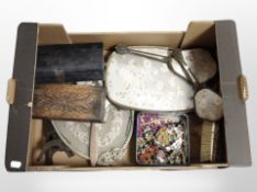 Two boxes containing oak and EPNS Tantalus, model ship, drinking glasses, dressing table items.