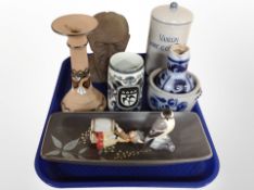 A group of Scandinavian pottery including apothecary jar marked Vasolin, Danish pottery candlestick,