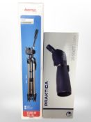 A Praktica 20-60x77 Delta Scope, and a Hama tripod.