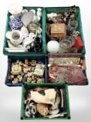 Five crates containing assorted ceramics, teddy bear ornaments, home wares.
