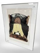 A continental colour print depicting a chair, indistinctly signed, overall 60cm x 75cm,.