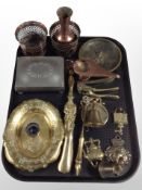 A group of antique metal wares including pair of English Arts and Crafts copper plant holders,