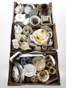 Three boxes of 20th-century Scandinavian ceramics, dinner wares, vases, blue and white items.