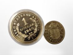 A gold-plated replica US $1 coin, 1849, and a further gold-plated half crown.